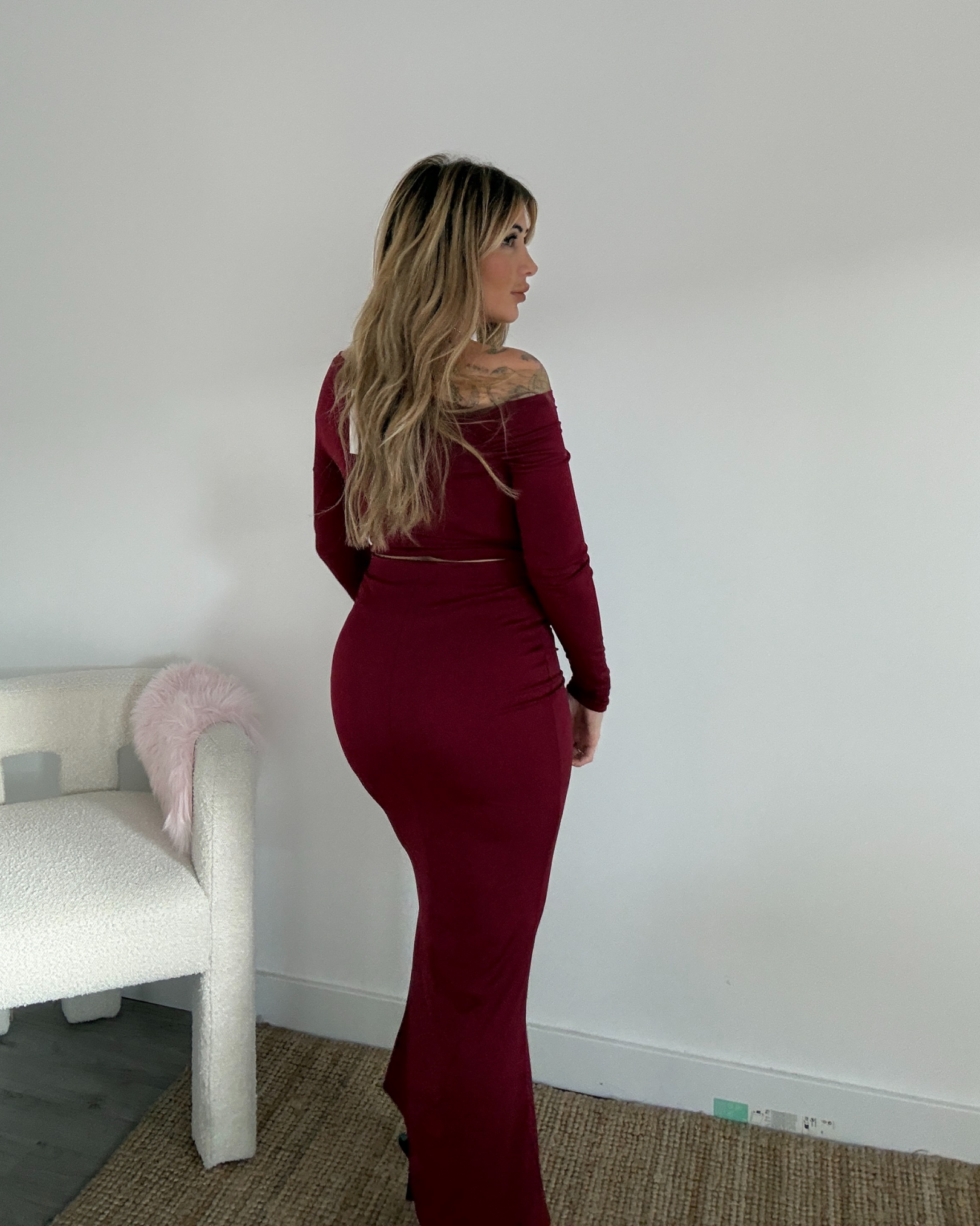 Ensemble cosy rouge bordeaux asymétrique – top + jupe longue