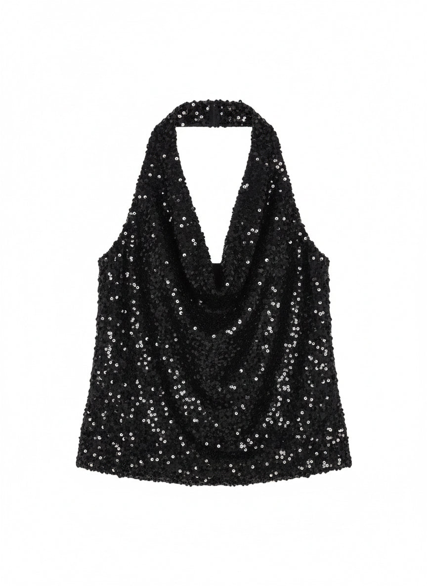 Top dos nu à sequins noir